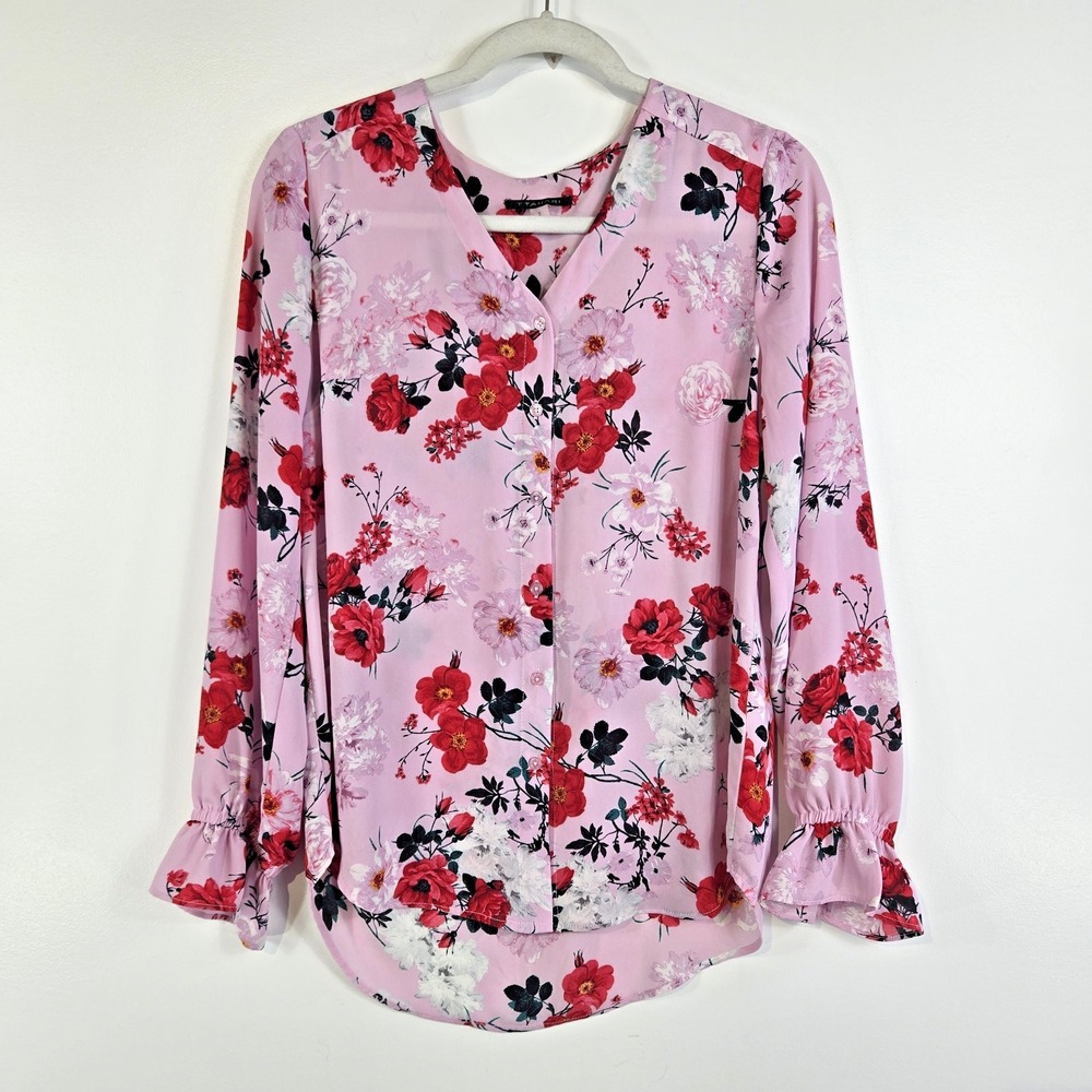 Tahari Womens Small Long Sleeve Button Closure Blouse Floral Pattern